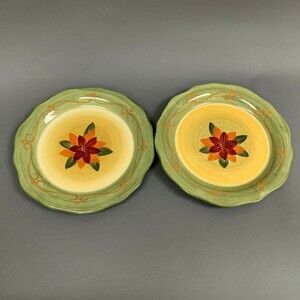 Brushes KIC Green Red Yellow Multi-color Dinner Plates Floral Lot of 2